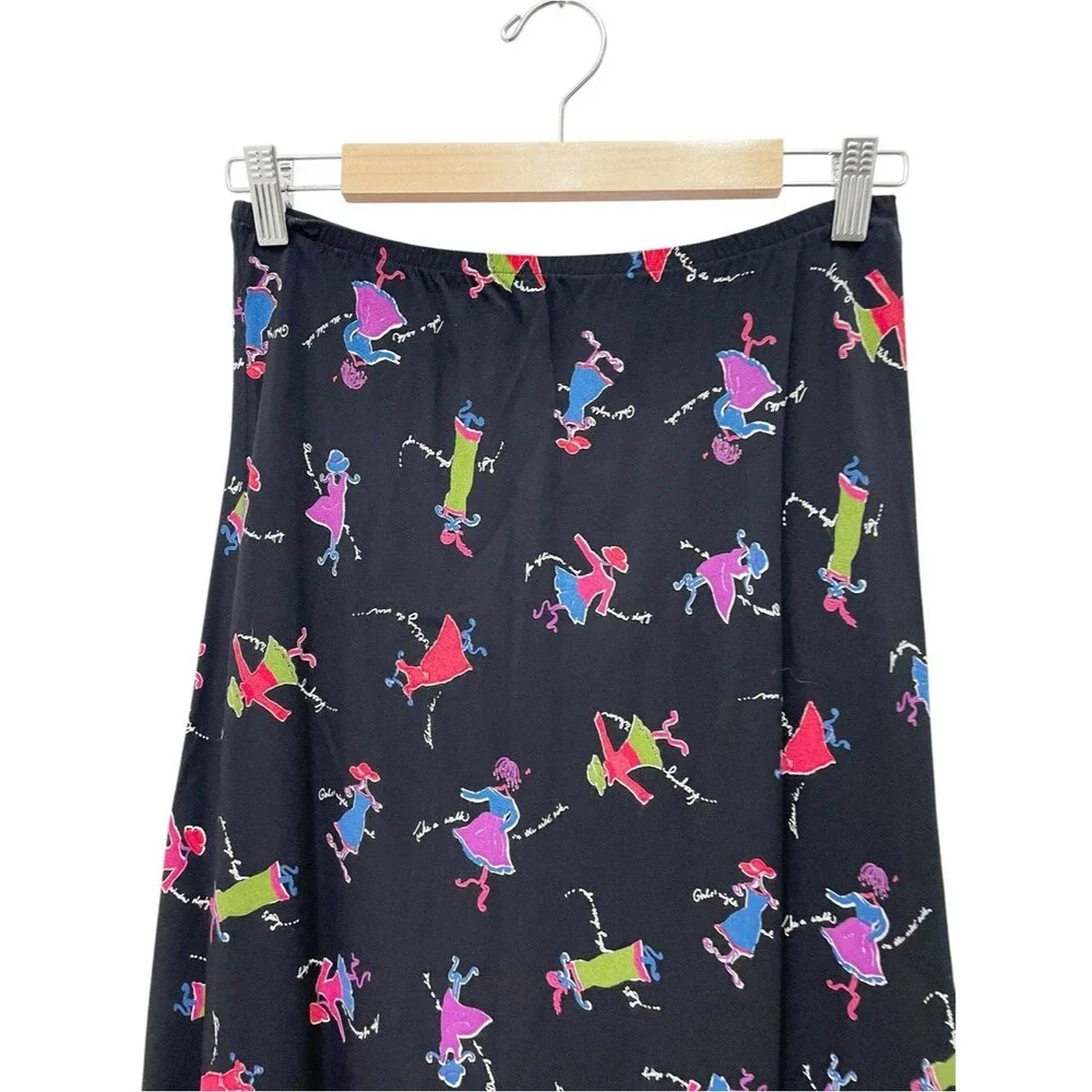 Carol Anderson Petite Vintage 90s Midi Skirt P Black Novelty Print Rayon USA Y2K